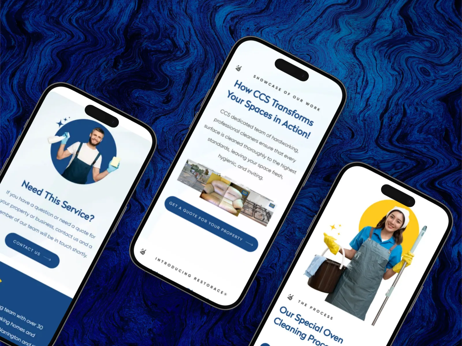 The CCS site on three phones, showing the contact prompt, showcase and process