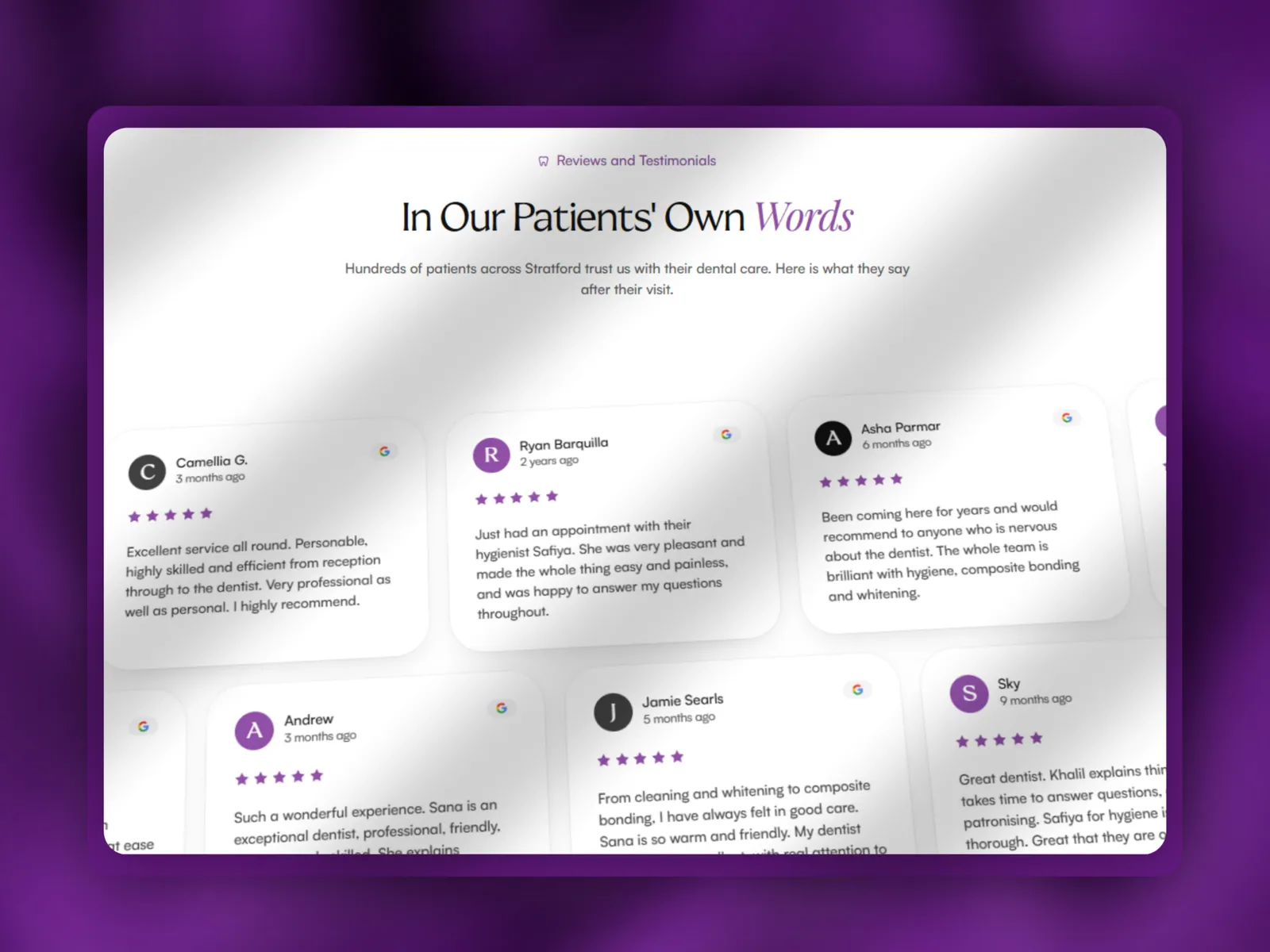 Patient reviews and testimonials section of the dental practice concept