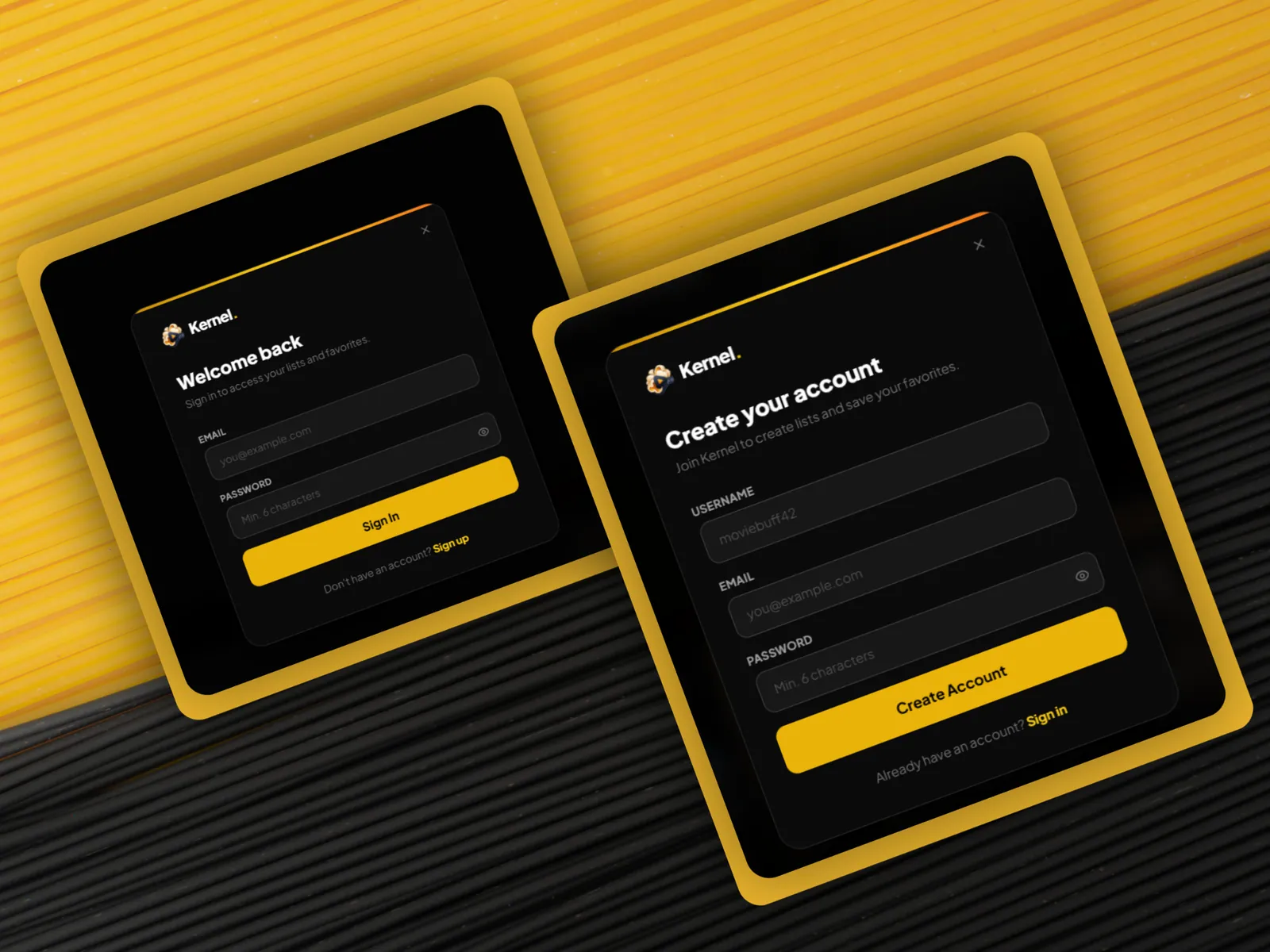 The Kernel sign in and create account screens
