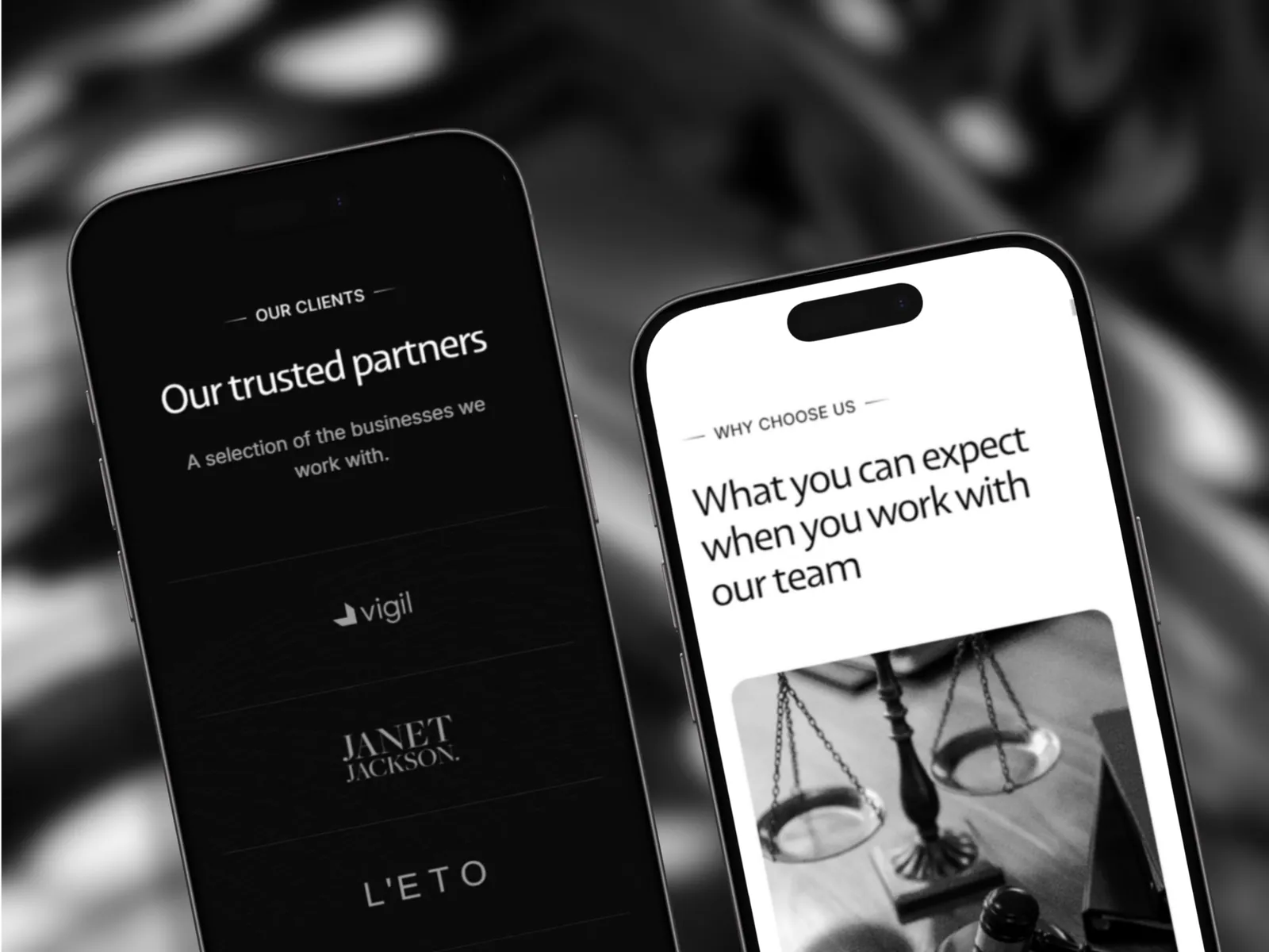 The law firm concept on two phones, showing the client list and the why choose us section