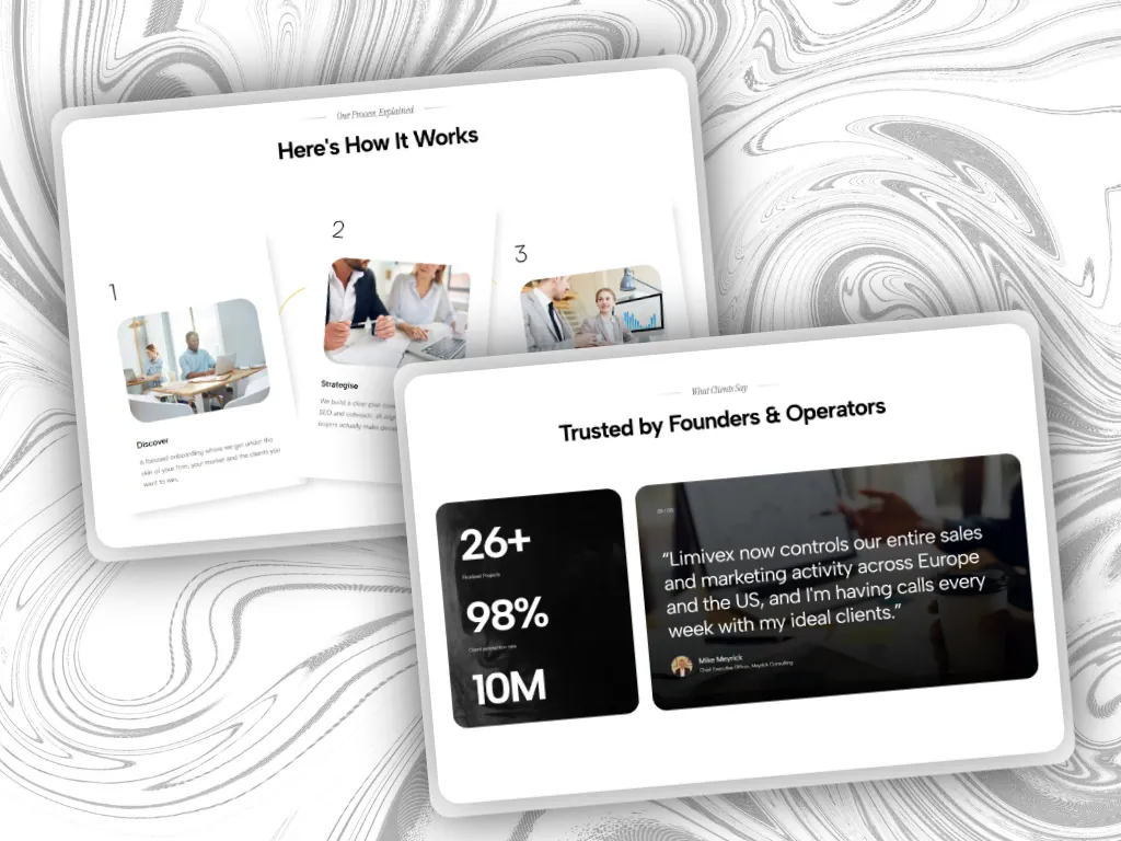 The how it works steps and the trusted by founders and operators stats