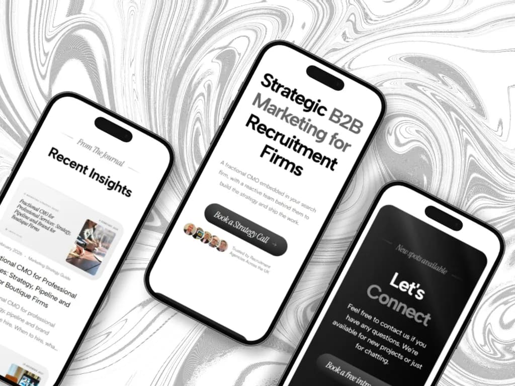 The Limivex site on three phones, showing insights, the hero and the contact screen
