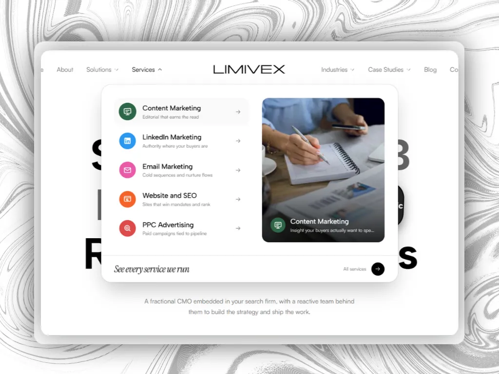 The services menu: content, LinkedIn, email, website and SEO, and paid ads