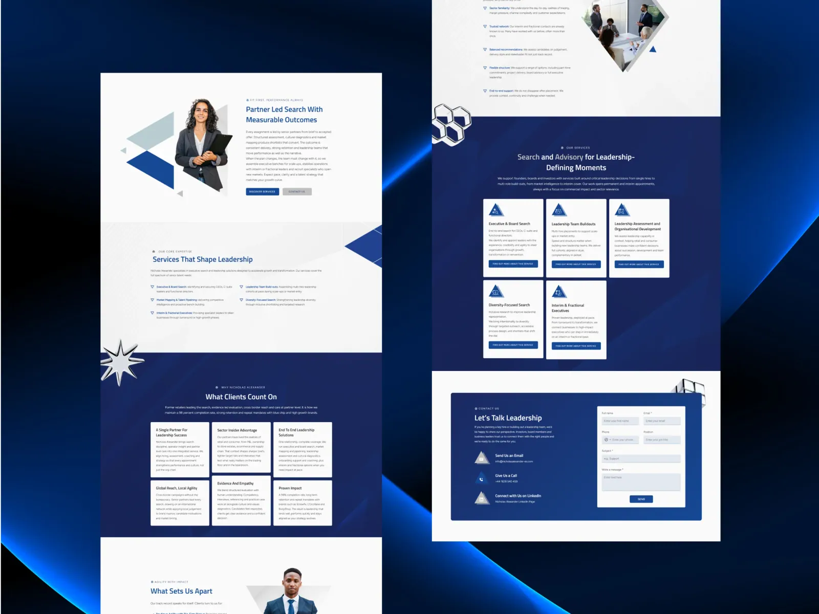 A montage of the services, proof and contact sections