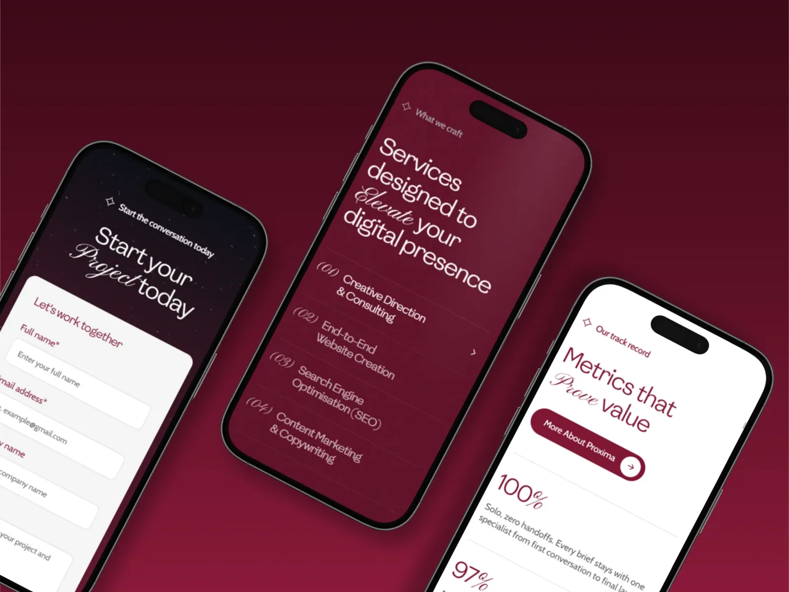 The Proxima site on three phones: services, the contact form and results