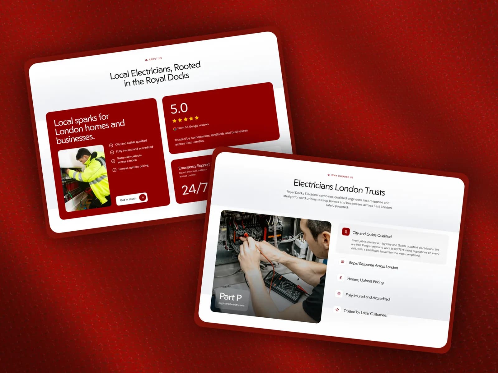 The homepage hero and why choose us panel, showing the firm's Royal Docks roots and qualifications